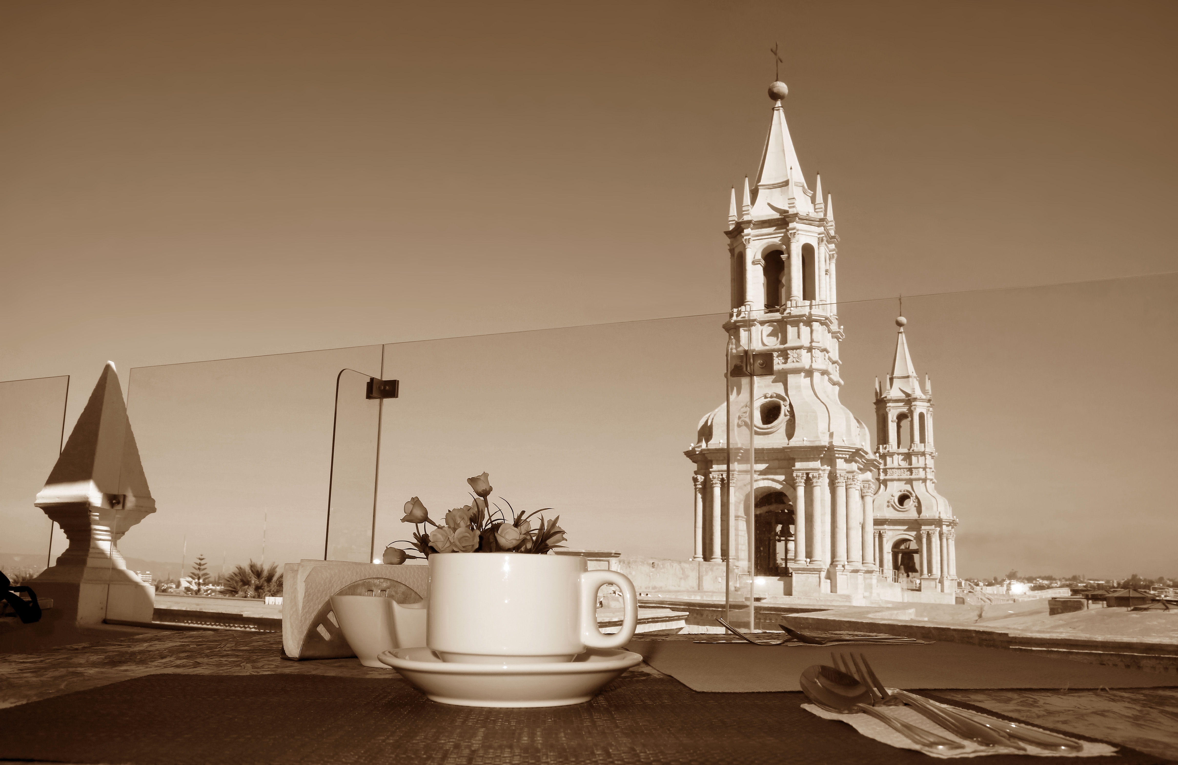 Sepia,Image,Of,Morning,Coffee,At,The,Rooftop,Terrace,With